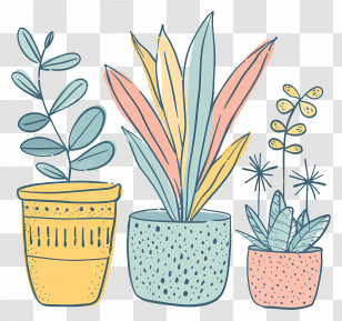 Houseplants In Pots - Artistic Doodle Of Potted Plants Transparent PNG