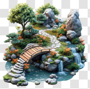 Nature Park - Beautiful Garden Scene With Bridge And Waterfall Transparent PNG