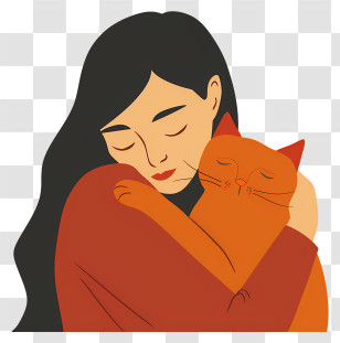 National Hug Your Cat Day - Illustration Of Woman Hugging An Orange Cat Affectionately Transparent PNG