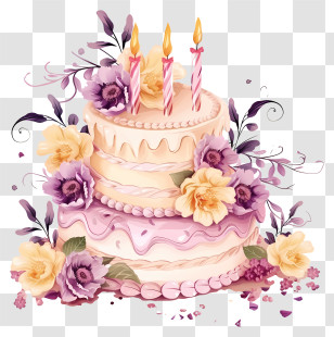 Birthday Cake And Flowers Vector Draw Design - Two-Tier Floral Cake With Candles Transparent PNG