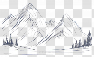 Mountain Outline - Minimalist Mountain Sketch Drawing With Pine Trees Transparent PNG