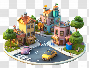 Cartoon City - Colorful Cartoon Town With Cars Transparent PNG