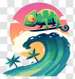Chameleon Surfing On Waves - Surfing Chameleon Adventure Transparent PNG