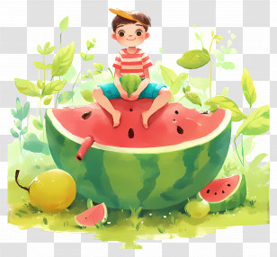 Watermelon Poster - Boy Sitting On A Watermelon In A Summer Setting Transparent PNG