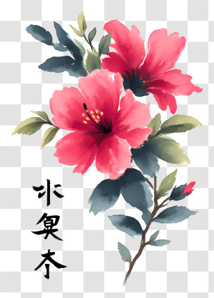 Ink Painting - Red Flowers With Leaves In Watercolor Style Transparent PNG