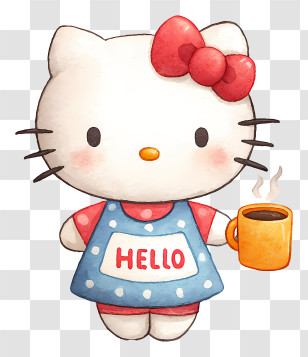 Hello Kitty With Coffee - White Cat With Hello Sign Transparent PNG
