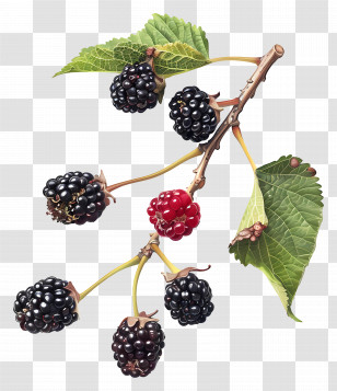 Mulberry - Blackberries And A Red Unripe Berry On A Branch Transparent PNG