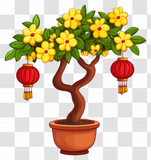Yellow Flowers - Yellow Flower Tree With Red Lanterns Transparent PNG