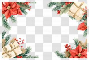 Christmas Background - Christmas Frame With Gifts And Poinsettias Transparent PNG