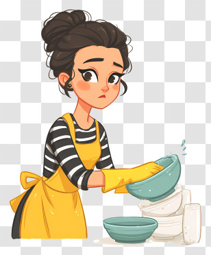 Woman Cleaning Dishes - Woman Washing Dishes In Yellow Apron Transparent PNG