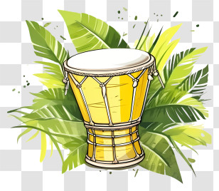 Hand Painted Watercolor - Yellow Drum With Vibrant Tropical Leaves Transparent PNG