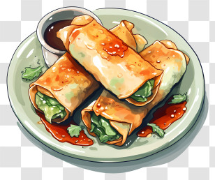 Watercolor Spring Rolls - Spring Rolls Served On A Plate Transparent PNG