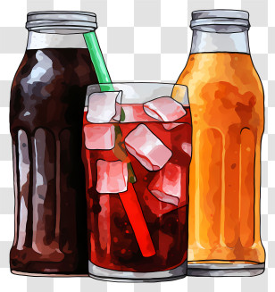 Watercolor Soft Drink - Bottles And Glass With Refreshing Drinks Transparent PNG