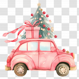 Christmas Car - Pink Car Carrying Christmas Tree And Gift Transparent PNG