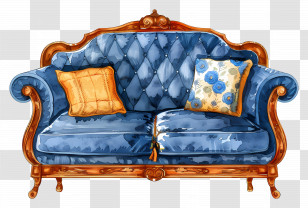 Blue Sofa - Blue Sofa With Cushions And Wooden Frame Transparent PNG