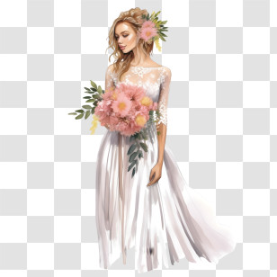 Wedding Dress
 - Elegant Bride Holding Floral Bouquet Transparent PNG