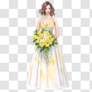 Wedding Dress
 - Bride Illustration Holding Yellow Flower Bouquet Transparent PNG