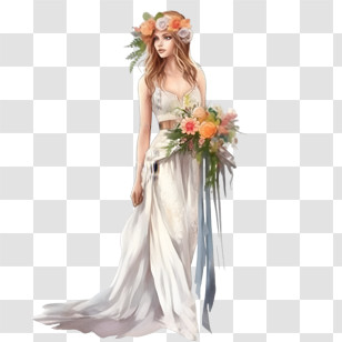 Wedding Dress - Bride Wearing Flower Crown Illustration Transparent PNG