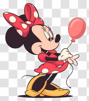 Minnie Mouse - Cartoon Mouse Holding A Red Balloon In Party Outfit Transparent PNG