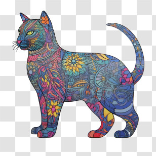Hand Drawn Cat - Vibrant Patterned Cat Illustration Transparent PNG
