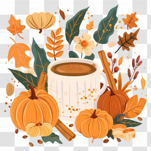 Pumpkin Spice - Autumn Decorations With Coffee And Pumpkins Transparent PNG