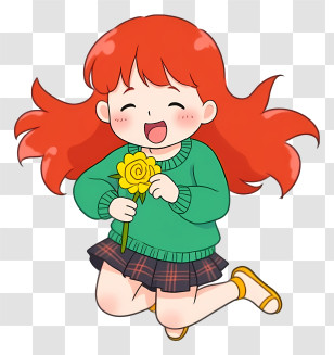 Little Girl Holding Roses - Happy Girl With Flower Cartoon Illustration Transparent PNG