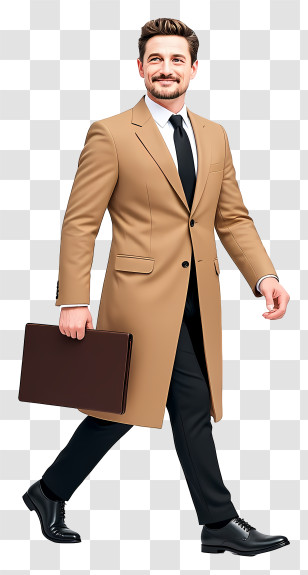 Businessman Walking - Man In Beige Coat Carrying Briefcase Transparent PNG