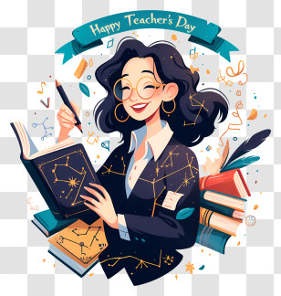 Cartoon Happy Teachers Day - Happy Teacher's Day Celebration With Books And Teacher Transparent PNG