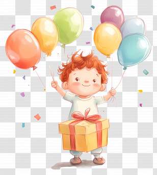 Baby Birthday - Child With Balloons And Gift Transparent PNG