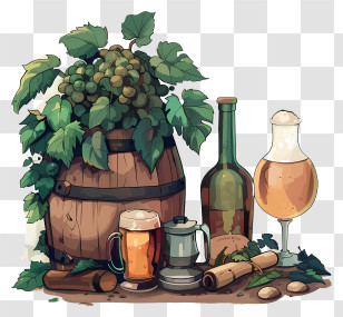 Homebrew Day - Wine And Beer With Grapes And Barrel Still Life Transparent PNG
