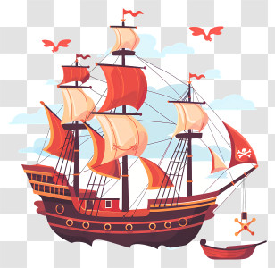 Ship - Red Sailed Pirate Ship Illustration Transparent PNG