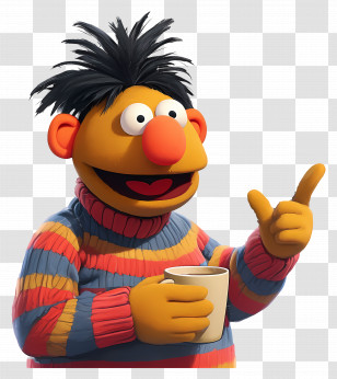Ernie - Cartoon Character With Colorful Sweater And Mug Transparent PNG