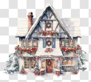 Winter House - Snow-Covered House With Christmas Decorations Transparent PNG