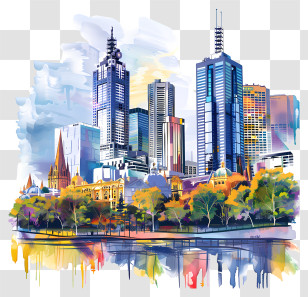 Melbourne City Skyline - Contemporary Urban Cityscape With Reflection Illustration Transparent PNG