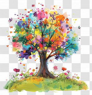 Blooming Tree - Colorful Tree With Blossoms And Butterflies Transparent PNG
