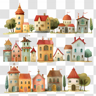 Whimsical Houses Illustration - Whimsical Village Houses Illustration Transparent PNG