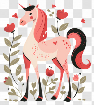 Cartoon Horse - Pink Unicorn With Flowers Transparent PNG