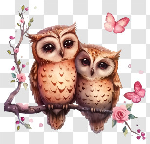 Vector Draw Character Design - Cute Owls On Branch With Flowers Transparent PNG
