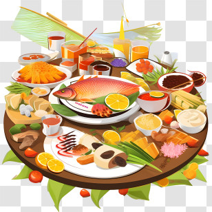 Onam Sadya Food - Festive Food Feast On A Decorative Table Transparent PNG