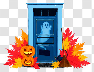 Halloween Pumpkin At Door - Ghostly Door With Pumpkins And Leaves Transparent PNG