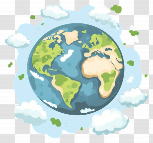 Planet Earth - Illustrated Earth With Green Elements And Clouds Transparent PNG