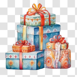 Watercolor Christmas Gifts - Colorful Decorative Gift Boxes With Ribbons Transparent PNG