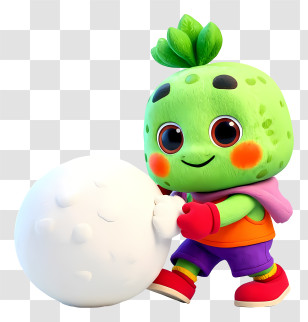 Plant Mascot Enjoying Winter - Playful Green Character Rolling Snowball Transparent PNG