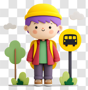 Boy Waiting For School Bus - Cute Schoolboy Waiting For Bus Transparent PNG