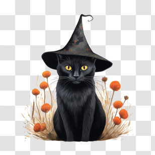 Halloween
 - Black Cat With Witch Hat And Autumn Flowers Transparent PNG