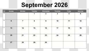 September 2026 Calendar - September 2025 Calendar Transparent PNG