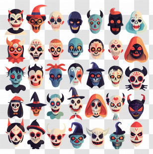 Halloween Characters - Colorful Skull Masks For Day Of The Dead Transparent PNG