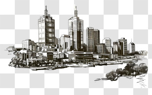 Perth City Skyline - Black-and-White Cityscape Architectural Drawing Transparent PNG