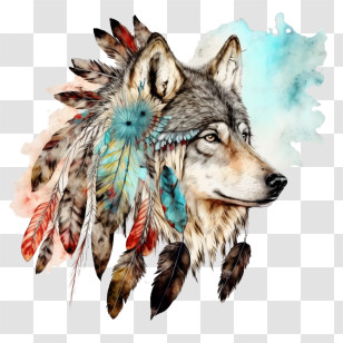 Watercolor Wolf
 - Wolf With Feathers In Watercolor Style Transparent PNG