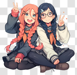 School Girl Anime - Anime Girls With Braids And Peace Sign Transparent PNG